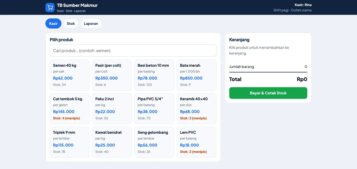 Tampilan aplikasi kasir dan stok barang
